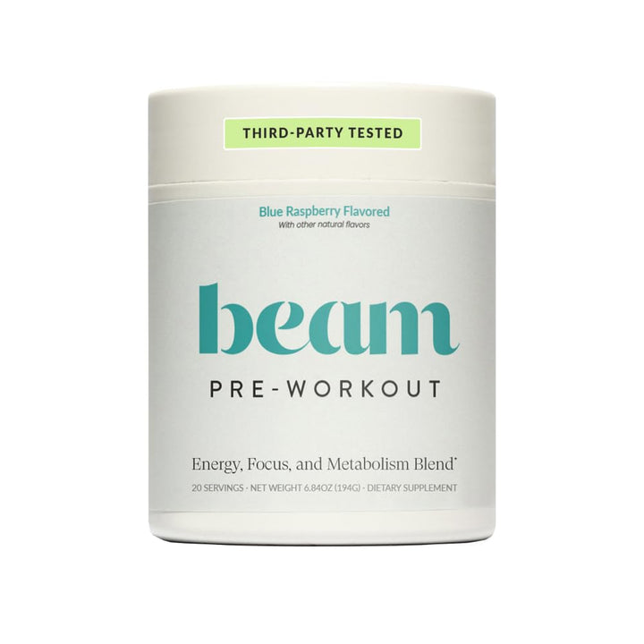 Beam Pre Workout powder tub offering clean energy for workouts.
