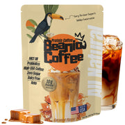 Beanio Caramel Protein Iced Coffee packaging shows USA-made label and premium quality.