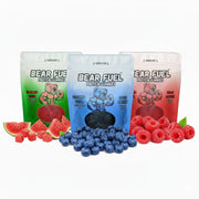 Bear Fuel Protein Gummies in fruit variety, soft chewy texture, 20g protein per pouch.