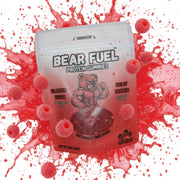 Bear Fuel Protein Gummies raspberry variant packaging shows a high-protein snack in a vibrant pouch