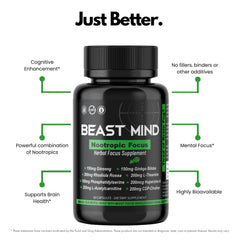 Beast Mind Focus bottle closeup highlights capsules and premium formulation for daily cognitive support.