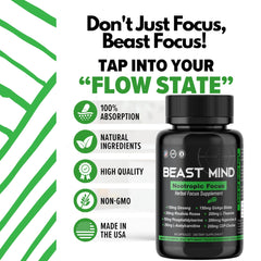 Beast Mind Focus packaging box communicates branding and supplement details at a glance.