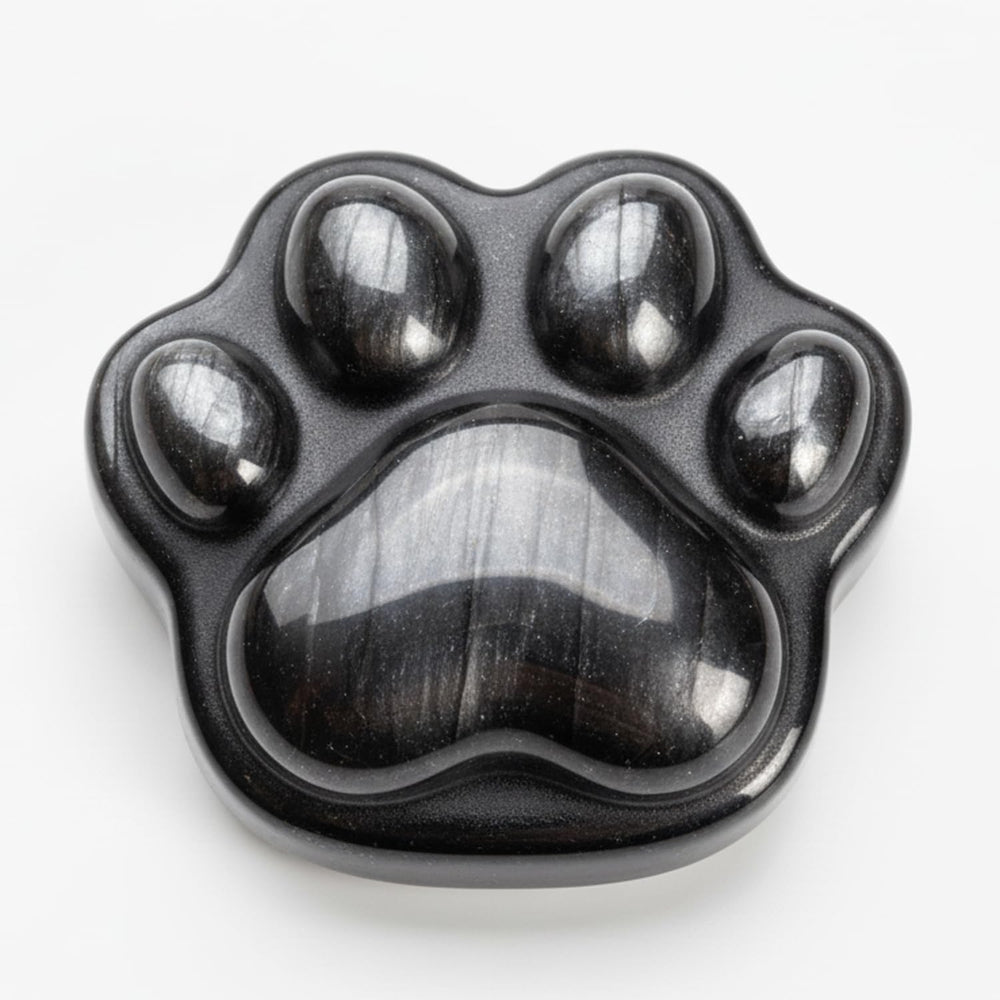 BEAUSIOO silver sheen obsidian animal paw worry stone for calming tactile grip.