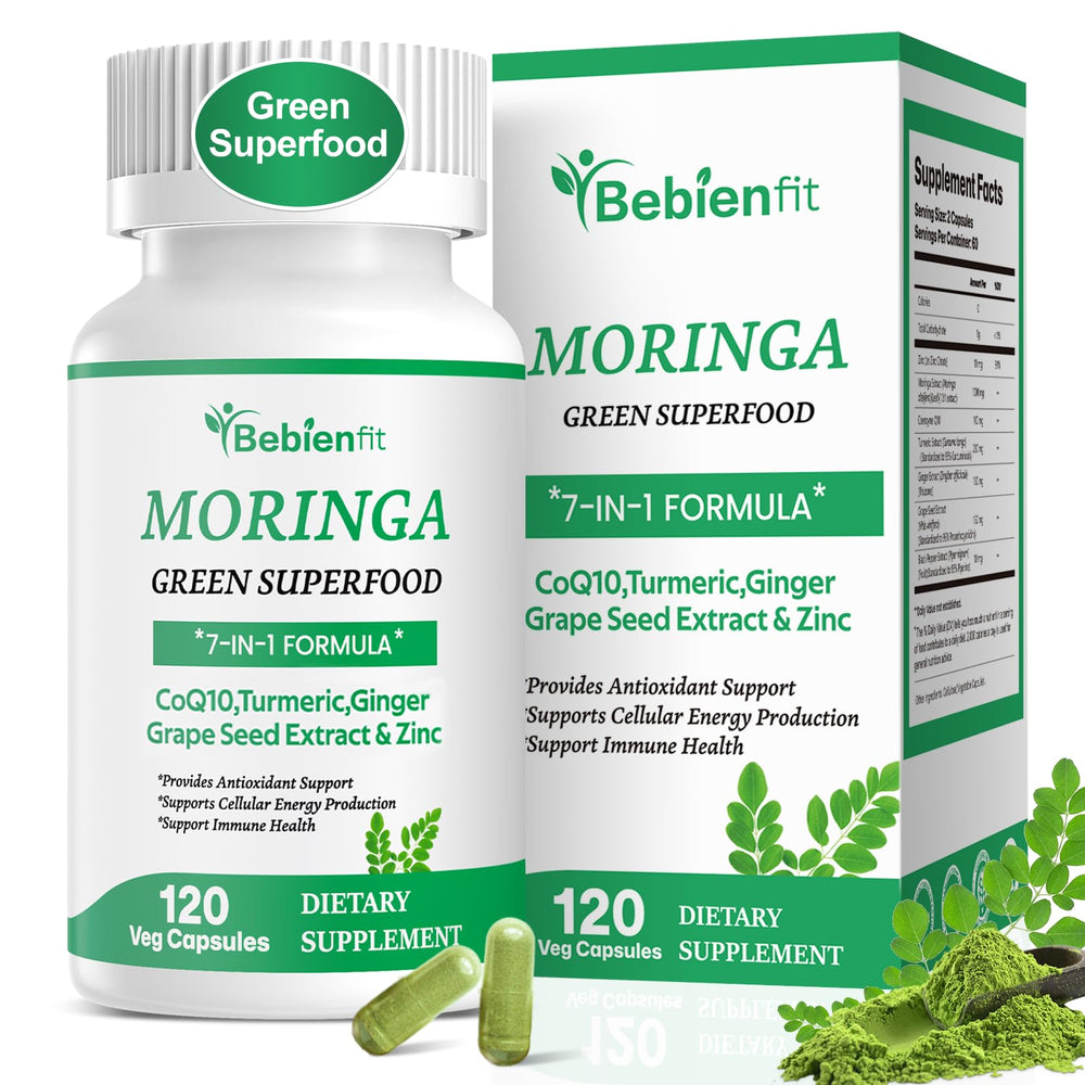 Bebien fit Moringa capsules bottle with 120 vegan caps for daily antioxidant support