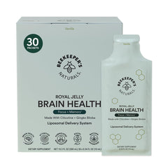 Beekeeper's Naturals Brain Health liposomal packets on bottle label for rapid absorption.