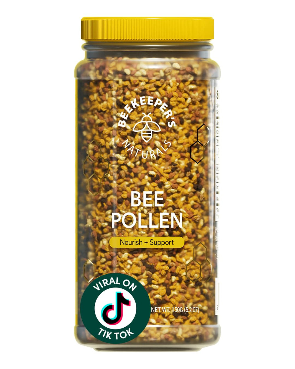 Beekeeper's Naturals raw bee pollen granules in bottle provide natural energy-support nutrients.