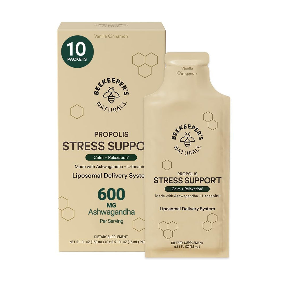 Beekeeper's Naturals Ashwagandha Liposomal Stress Pack front view for quick calm support.