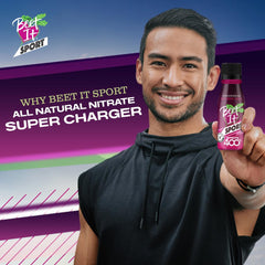 BEET IT Sport Pro-Elite Shot pour action demonstrates easy pre-workout use for quick energy.