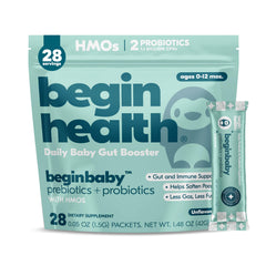 Begin Health BeginBaby bottle and box for an easy daily probiotic routine.