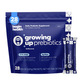 Begin Health Growing Up Prebiotics box closeup showing the 28-pack collection for kids.