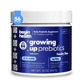 Begin Health Growing Up Prebiotics kids tub closeup; easy-to-store packaging for daily use