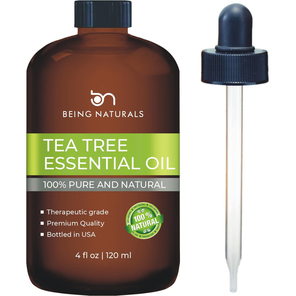 Being Naturals Tea Tree Oil 4oz bottle with glass dropper for precise dosing.