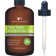 Being Naturals Tea Tree Oil 4oz bottle with glass dropper for precise dosing.