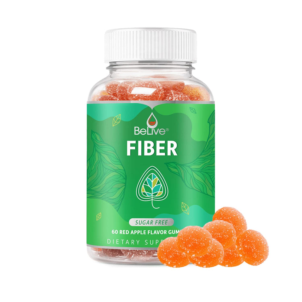 BeLive Fiber Gummies apple flavor bottle front highlights vegan, sugar-free gut support for daily wellness.