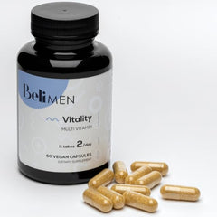 Beli Men Prenatal Multivitamin bottle with essential fertility nutrients for daily support.