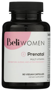 Beli Women Prenatal bottle closeup highlighting gentle formulation for conception support.