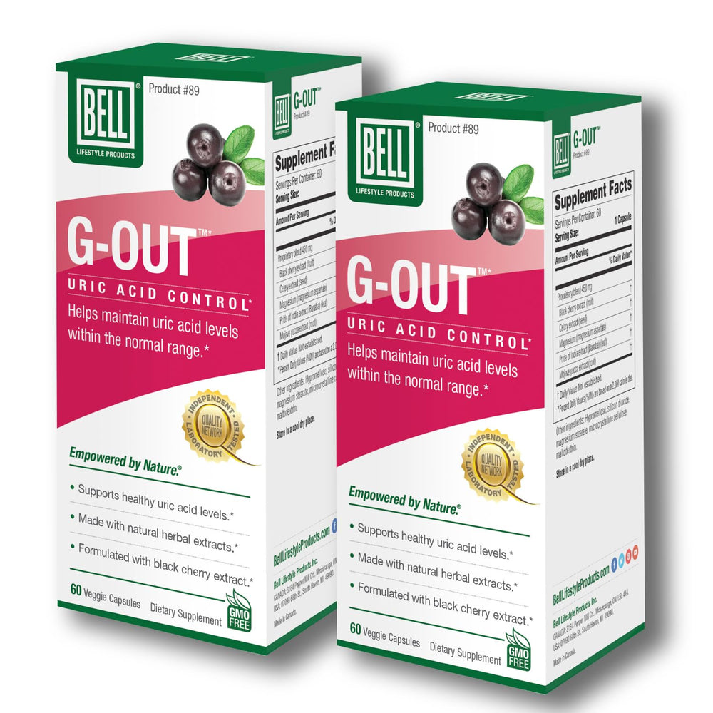 Bell G-Out Uric Acid Cleanse bottle front, supports healthy uric acid balance