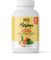 Bella All Natural Moringa Capsules bottle closeup highlighting convenient daily supplementation