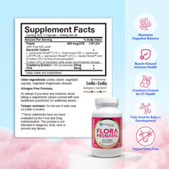 bellebella Probiology Flora prenatal packaging highlights non-GMO vegan formula and prebiotic-probiotic blend.