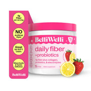 Belli Welli fiber powder tub close-up highlighting organic acacia base for daily gut support