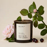 Below 60 Meet Me in the Garden candle jar close-up for clean, long-lasting ambience.