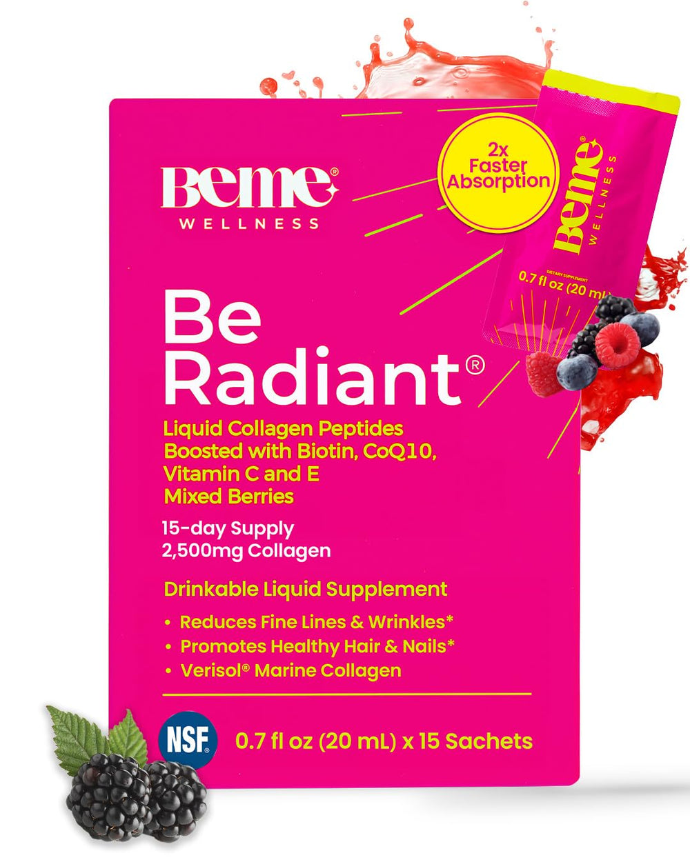 BeMe Liquid Collagen Berry Sachet, travel-friendly beauty booster in a single berry-flavored packet