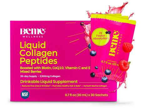 BeMe Liquid Collagen bottle pours for easy daily dosing in beauty routine