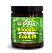 BeMicro broccoli microgreen powder bottle on kitchen shelf supporting daily nutrition.
