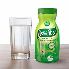 Benefiber bottle shows 722 g packaging for gluten-free, sugar-free fiber