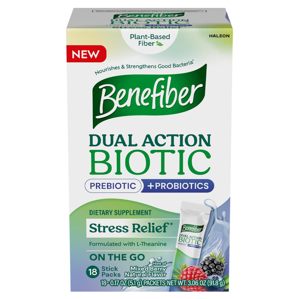 Benefiber Dual Action Biotic Plus berry stick-pack for daily digestive balance.