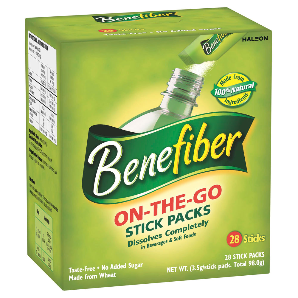 Benefiber on-the-go sticks 28-pack front view for easy daily fiber supplementation.