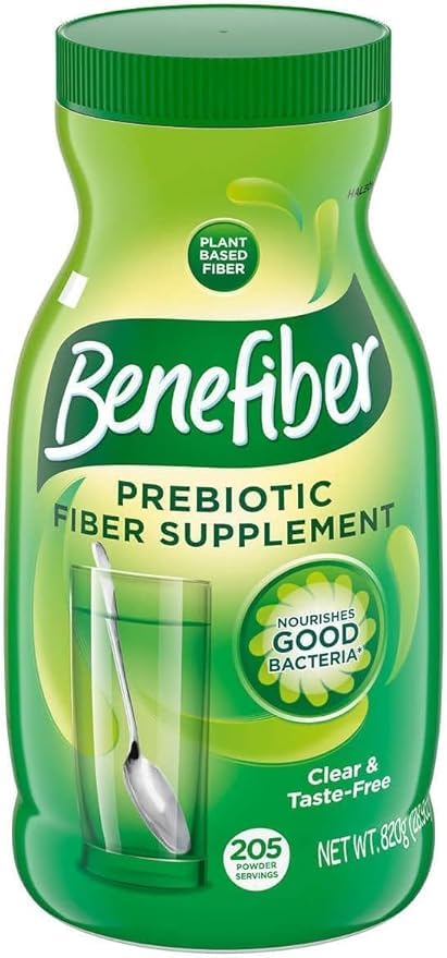 Benefiber prebiotic fiber powder in unflavored form dissolves clearly for daily digestive support.