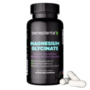 Beneplanta Magnesium Glycinate bottle offers gentle daily magnesium support for easy use.
