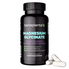 Beneplanta Magnesium Glycinate bottle offers gentle daily magnesium support for easy use.