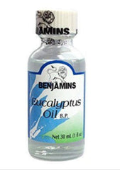 Benjamins Eucalyptus Oil 1oz bottle for aromatherapy and gentle wound cleansing