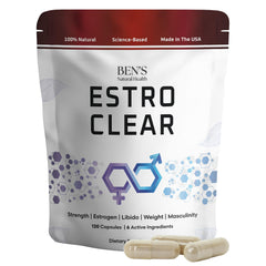 Ben's Natural Health Estro Clear bottle front highlighting hormone balance support