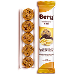 Berg Bites dark chocolate banana bread bite close-up showing rich texture for energy on the go.