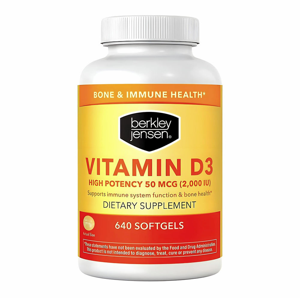 Berkley Jensen Vitamin D3 softgels bottle for easy daily bone health support.