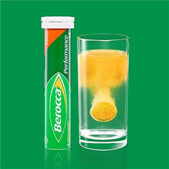 Berocca Orange effervescent tablets label close-up emphasizing no artificial colours