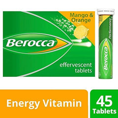 Berocca Orange effervescent tablets fizzing in water, suggesting bright fruity flavor