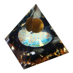 Besorgone orgonite pyramid on a desk, calming workspace decoration.