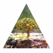 Besorgone Tree of Life Orgonite Pyramid with charoite and peridot for chakra balance.