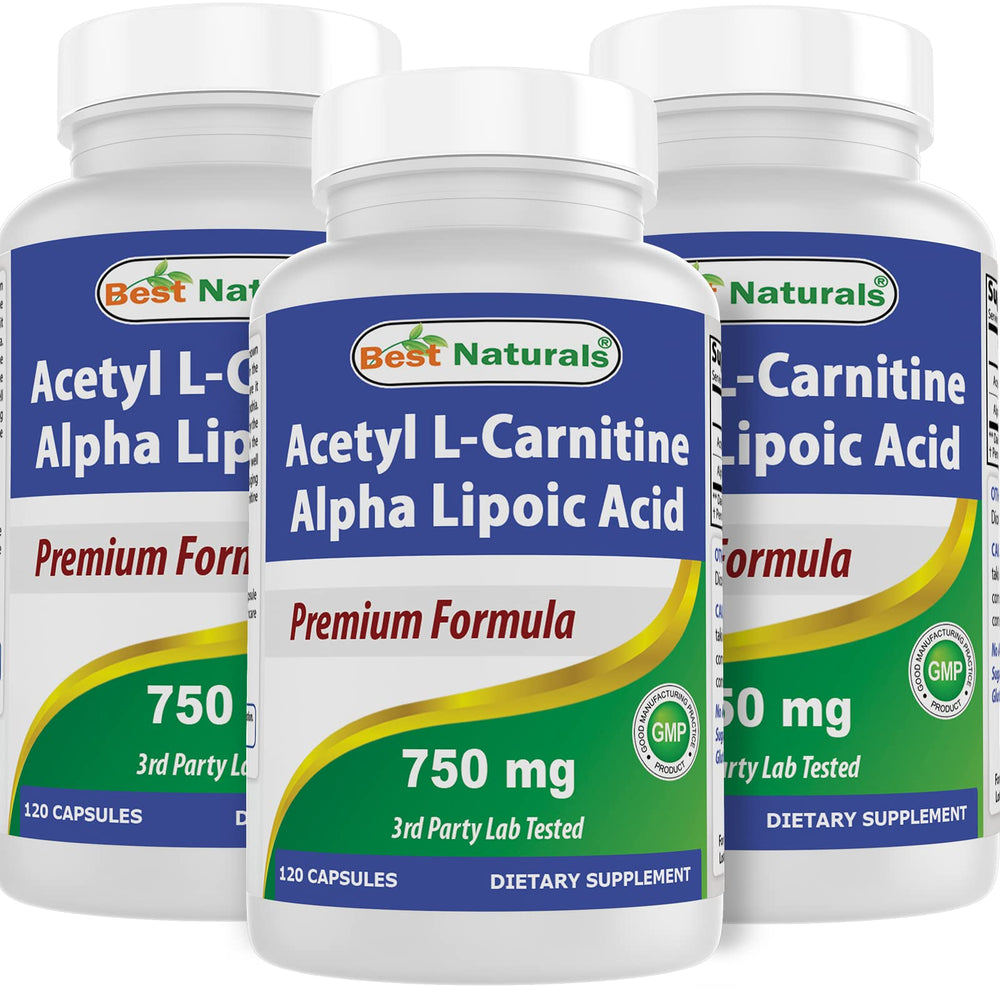 Best Naturals Acetyl L-Carnitine Alpha Lipoic Acid 750 mg bottle front view highlights purity and quality.