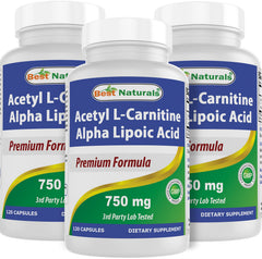Best Naturals Acetyl L-Carnitine Alpha Lipoic Acid 750 mg bottle front view highlights purity and quality.