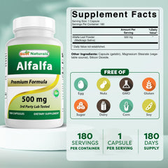 Best Naturals Alfalfa capsules close-up showing 500 mg per capsule.