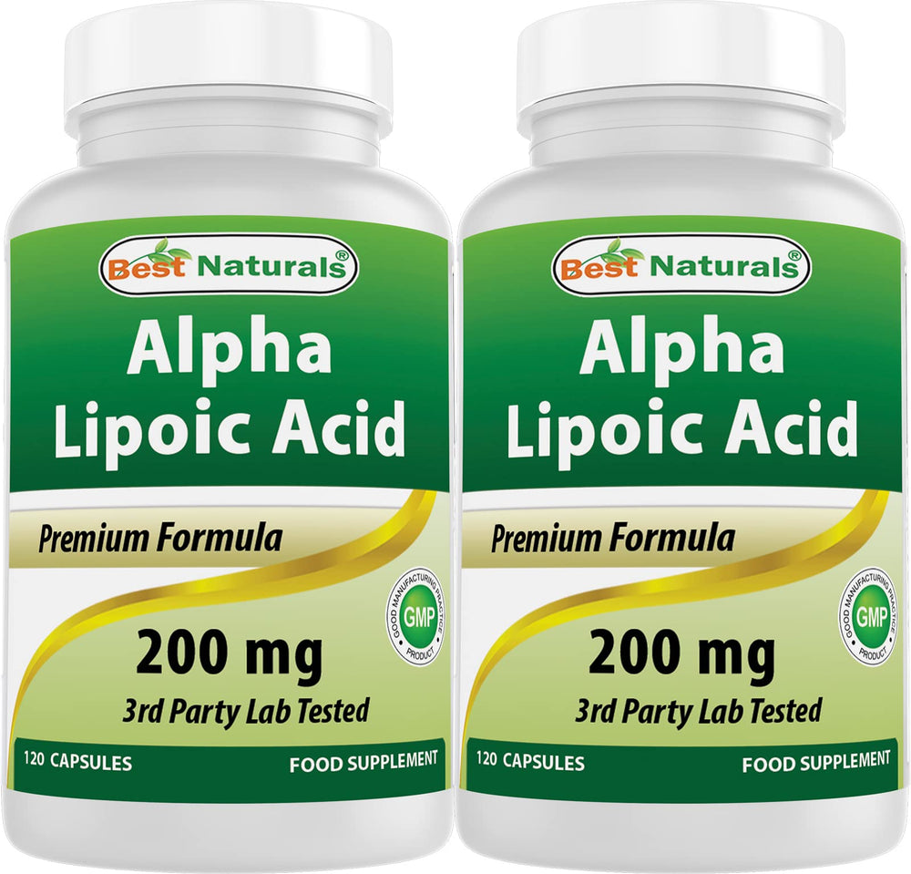 Best Naturals Alpha Lipoic Acid bottle close-up highlighting 200 mg per capsule for daily support
