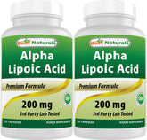 Best Naturals Alpha Lipoic Acid bottle close-up highlighting 200 mg per capsule for daily support