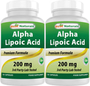 Best Naturals Alpha Lipoic Acid bottle close-up highlighting 200 mg per capsule for daily support