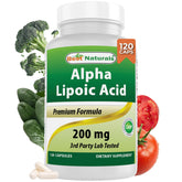 Best Naturals Alpha Lipoic Acid 200 mg bottle on kitchen counter for daily antioxidant support.