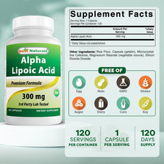 Best Naturals Alpha Lipoic Acid 300 mg capsules ready for daily supplementation.